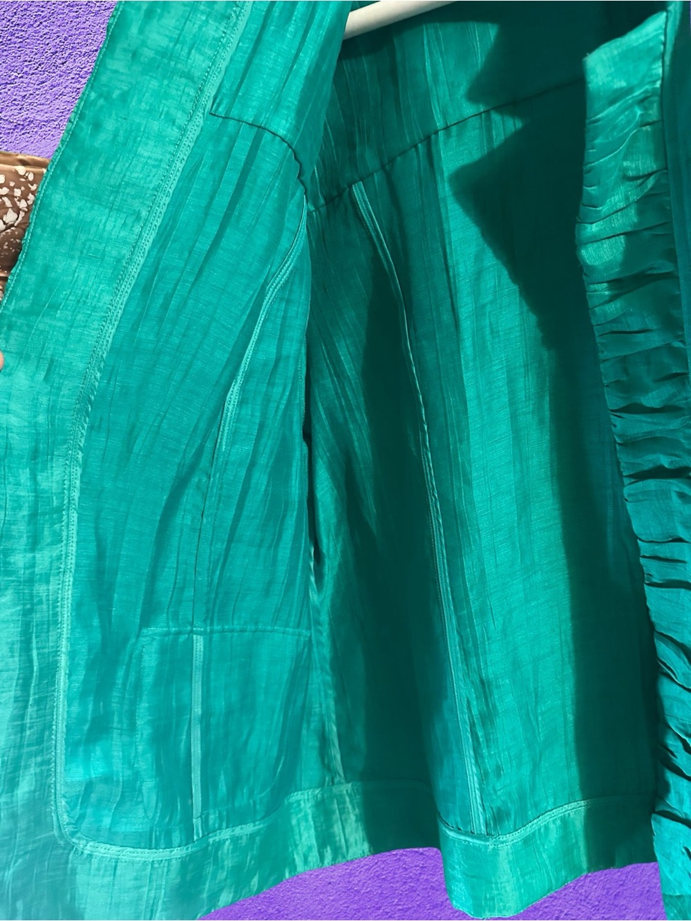 Chico's Emerald Green Ruffled Open Front Jacket - Picture 5 of 6